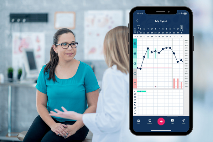 Woman in doctor's office, showing luteal phase defect Woman in doctor's office, in her Tempdrop app she can demonstrate a short luteal phase