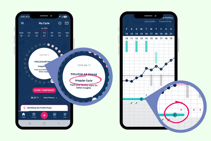 Tempdrop App showing irregular cycle mode and automated ovulation confirmation
