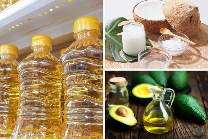 a bottle of avocado oil, a bottle of coconut oil, and a
