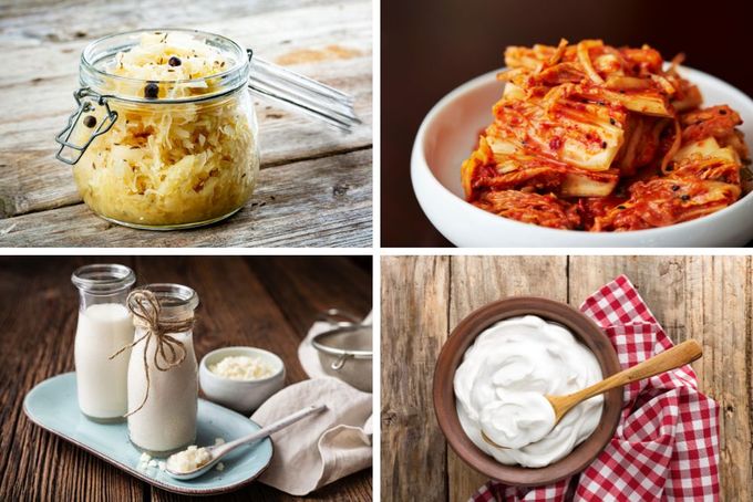 a series of four pictures with different foods in them