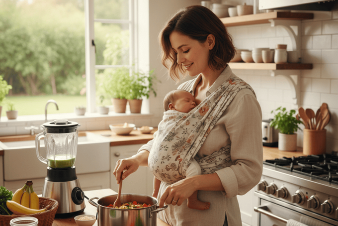 A mother with a newborn baby cooking a nutritious meal for herself