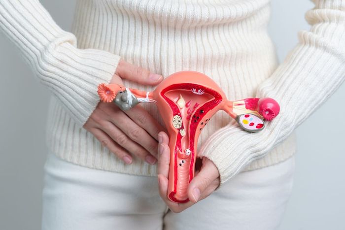 a woman is holding a fake utensil in her stomach