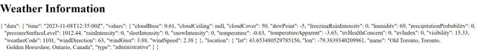 Tomorrow.io screenshot: Example of weather API and HTMlL on webpage