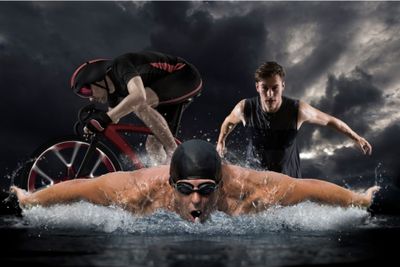 A collage of high and low impact exercises: running, swimming, cycling