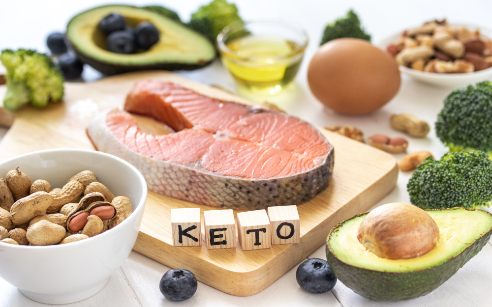 Avocados, nuts, raw meat, eggs, and other foods on a table with small wooden blocks forming the word "KETO"