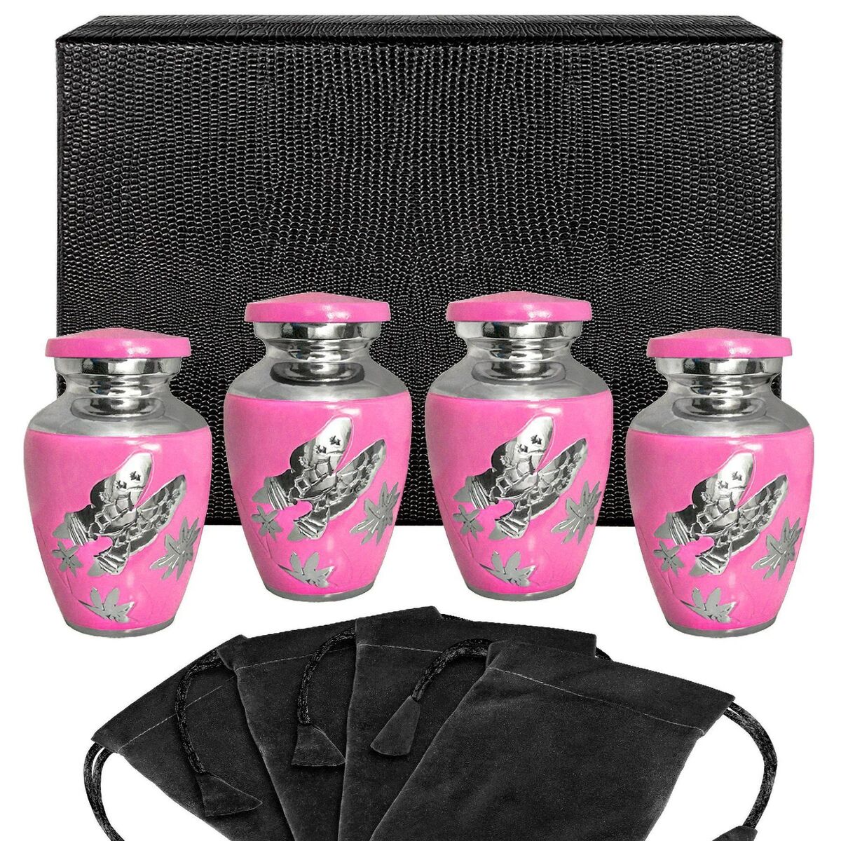Pink Butterfly Small Keepsake Urn For Human Ashes - Set Of 4 Pink Butterfly Small Keepsake Urn For Human Ashes - Set Of 4 with Velvet Bag