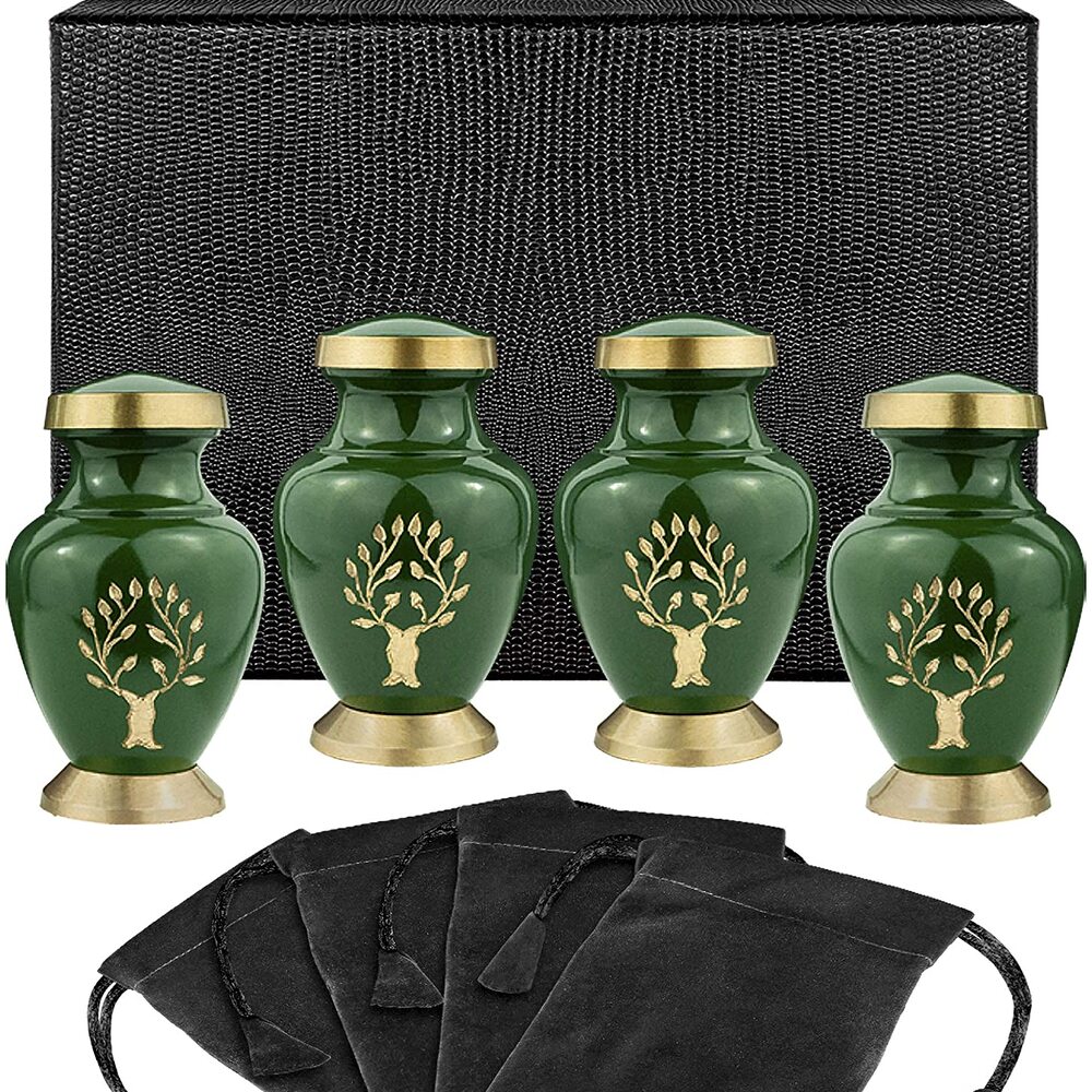 Tree of Life Classy Green Small Keepsake Urn (Set of 4 — With a Case)