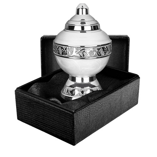 Eternal Hope White Chalice Small Keepsake Urn A stock image of a white chalice keepsake urn with silver detailing in a black box