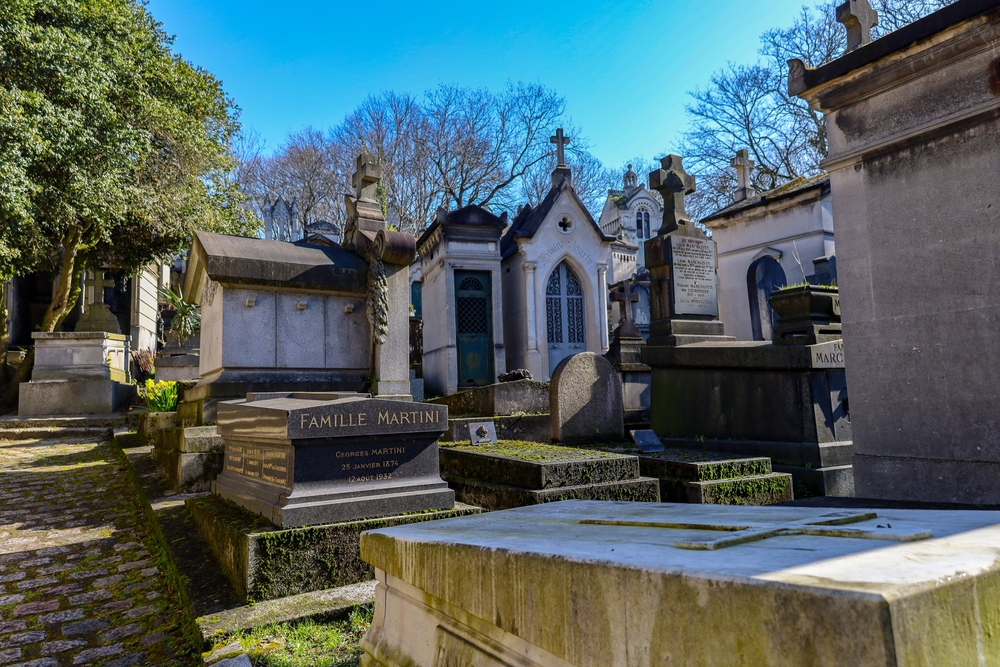 Stone mausoleums in a graveyard