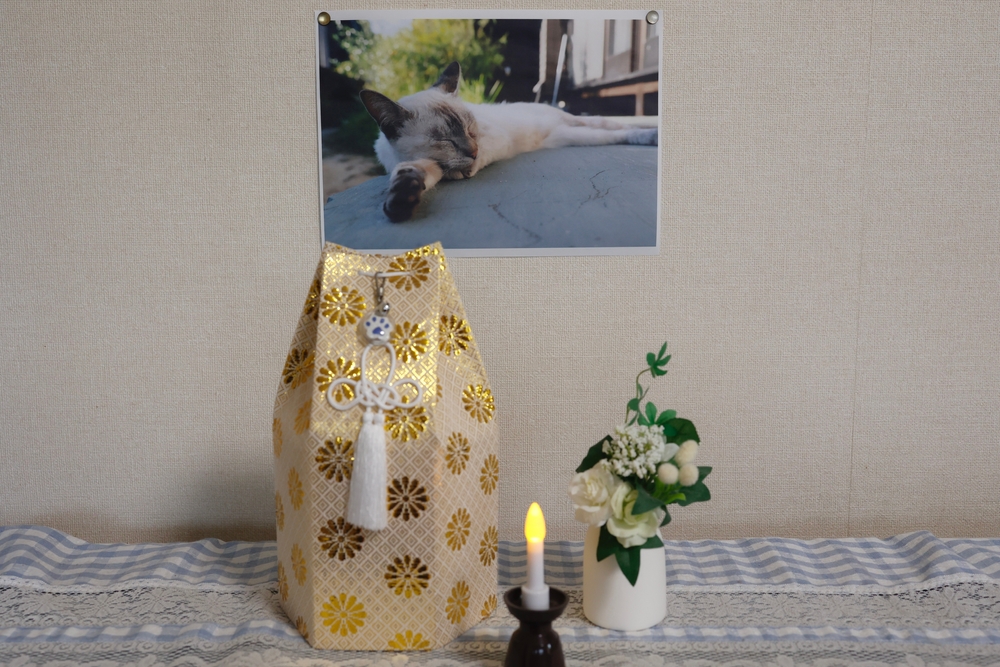 Colorful urn, candle, and flowers on tablecloth beneath picture of a cat