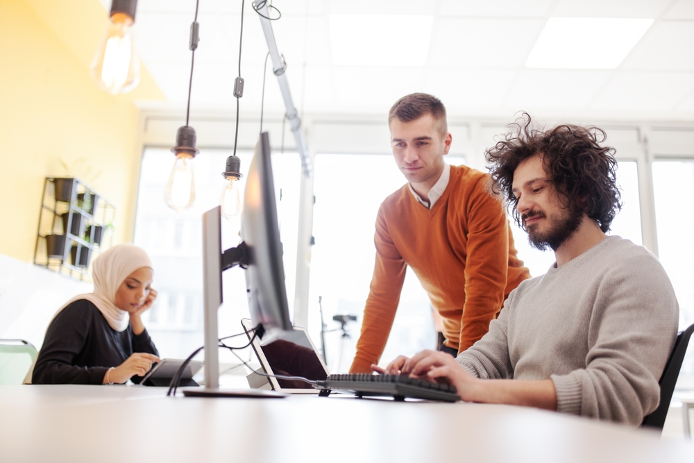 Two professionals liaising about something on a computer, with another colleague working in the background.