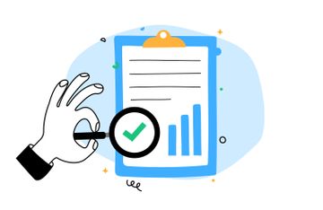Illustration of hand holding magnifying glass over clip board