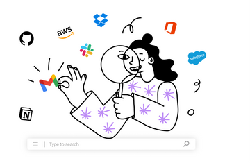 A professional lady using a magnifying glass, trying to figure out[see] which search engine to use.