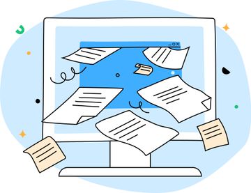 Illustration of papers coming out of a computer screen