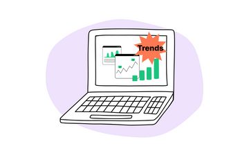 A drawing of a laptop showing a trend graph on the screen