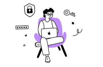 Cartoon man sitting on comfortable chair with laptop