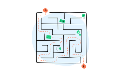 A drawing of a maze and a path through it, symbolizing search engines navigating data mazes
