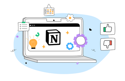 Colorful graphic of a laptop displaying Notion's logo with different icons flying around it