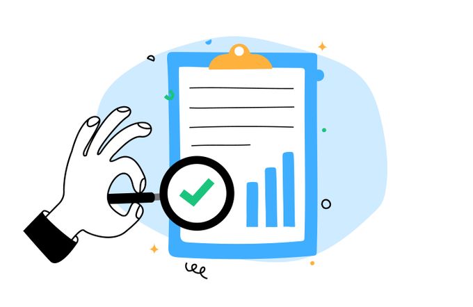 Illustration of hand holding magnifying glass over clip board