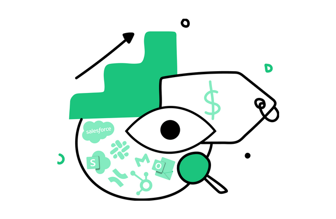 Cartoon eye surrounded by tags and graphics