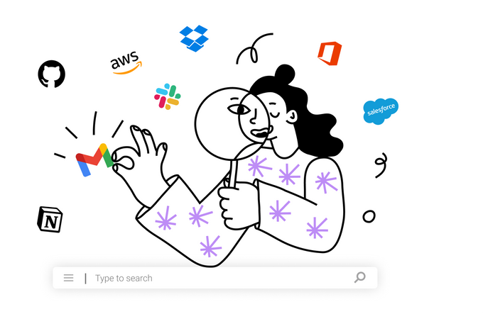 A professional lady using a magnifying glass, trying to figure out[see] which search engine to use.