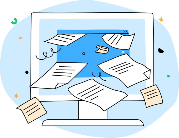 Illustration of papers coming out of a computer screen