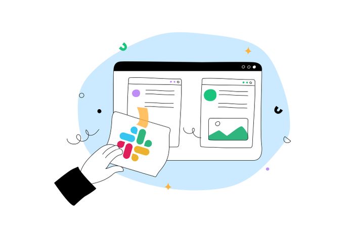 A graphic of a hand taping a paper with a slack logo over a drawn website page