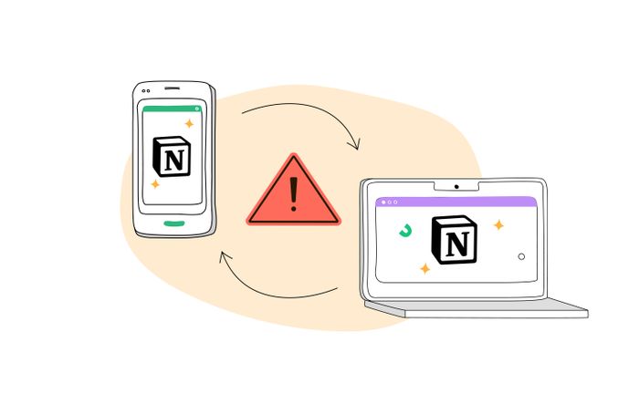 A graphic of a laptop and a mobile phone showing Notion logos and an error sign between them