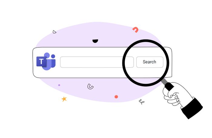A graphic of a hand holding a magnifying glass over the Microsoft Teams Search bar