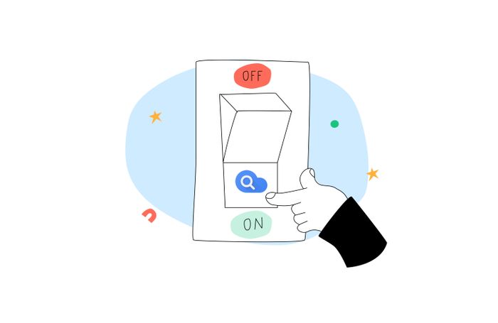 A drawing of a hand flipping an on-off switch to "on" which has a search icon on it