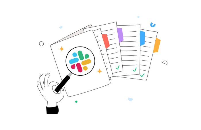 Graphic of a hand holding a magnifying glass over a document with Slack's logo