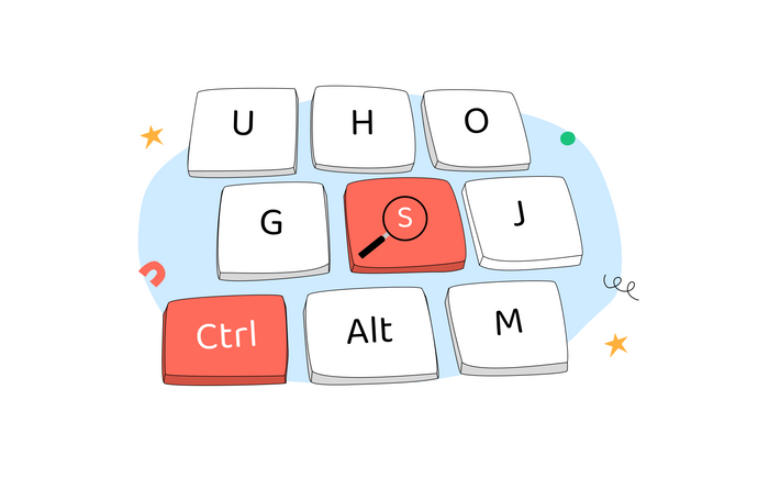 Graphic of a keyboard with a magnifying glass over the letter 'S'