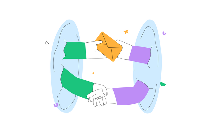 Two pairs of hands exchanging an envelop and shaking hands from different locations, symbolizing the ease of internal communication with enterprise search
