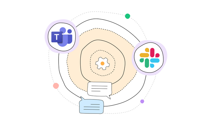 Graphic of a circle with message icons and Slack and Microsoft teams logos