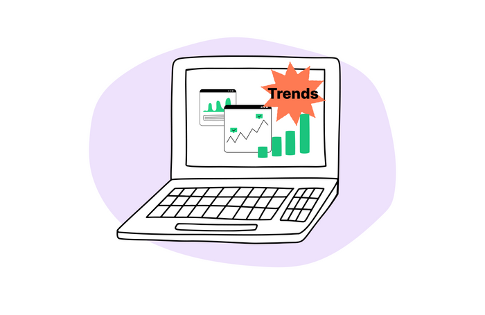 A drawing of a laptop showing a trend graph on the screen