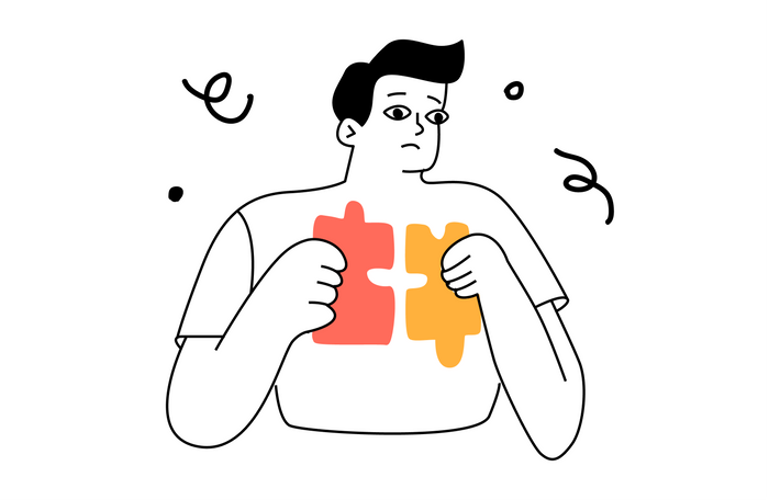 Cartoon man pulling apart two puzzle pieces