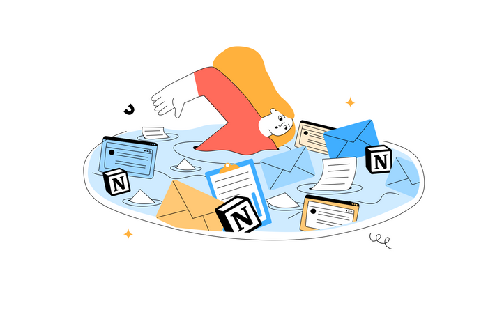 Graphic of a woman swimming in documents with Notion logo floating around