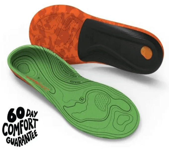Picture of Superfeet Trailblazer green, orange, and black Insoles with 60 day comfort guarantee text in the left hand corner