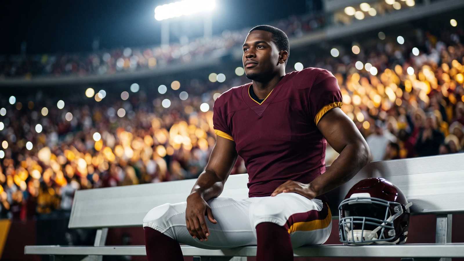 a football player sitting on a bench in front of a crowd