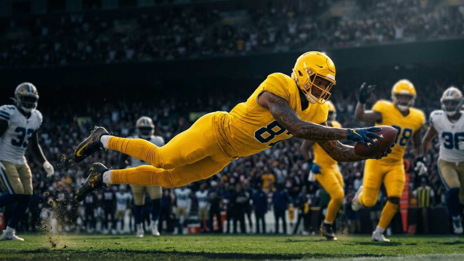 a football player diving into the air to catch a ball