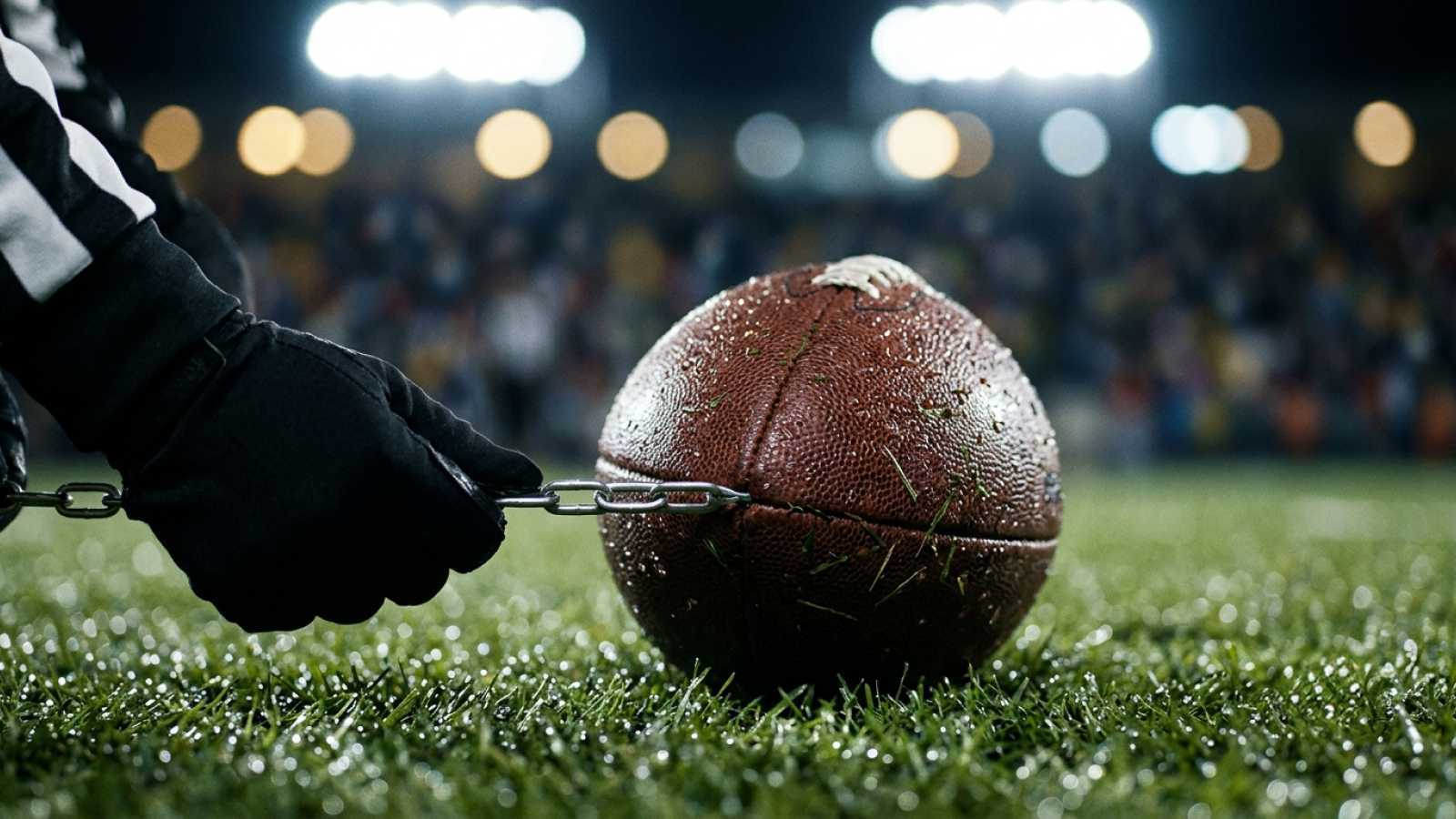 a football being chained to a ball on a field