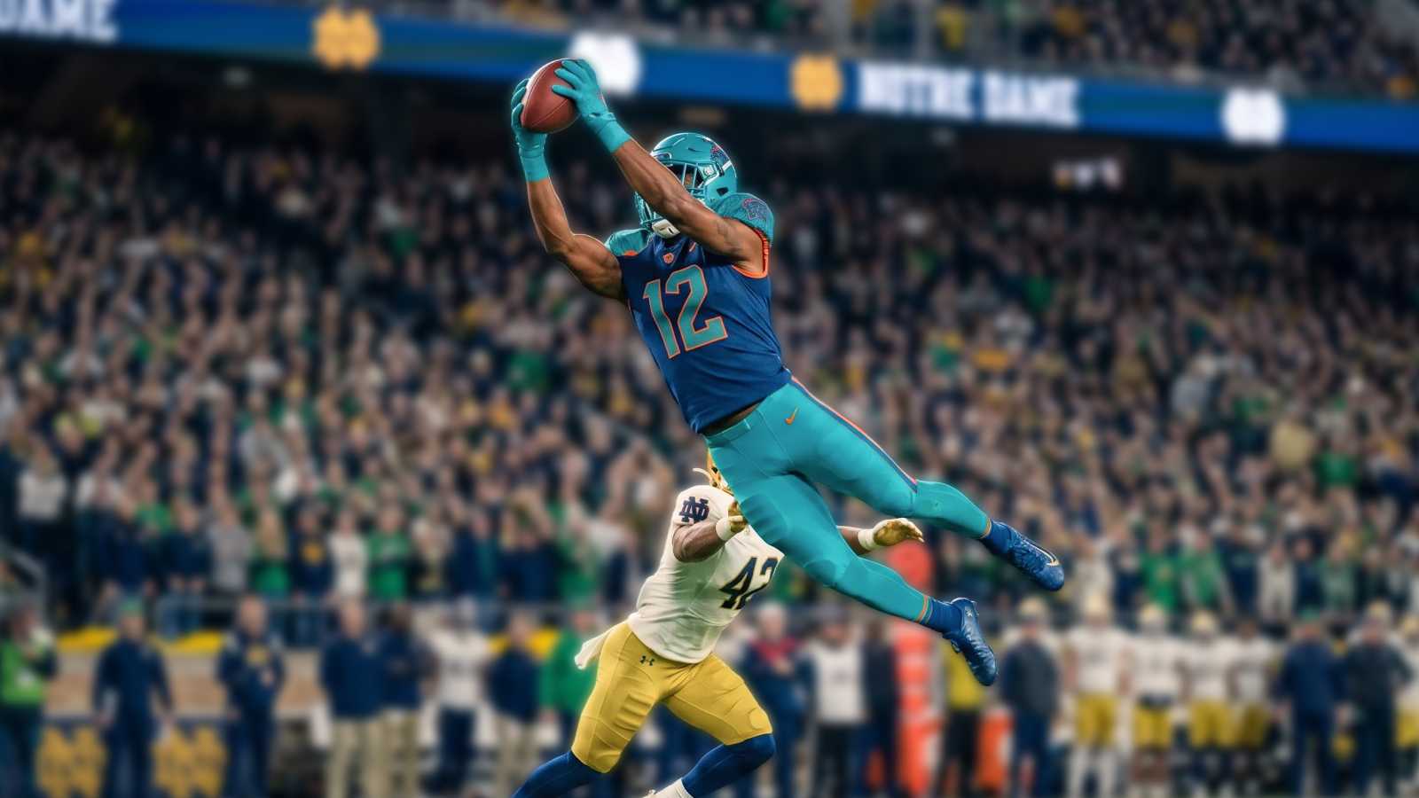 a football player jumping into the air to catch a ball