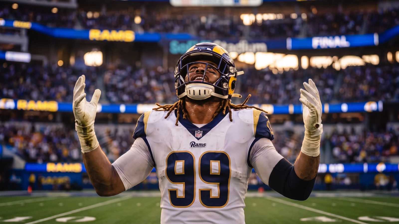 a football player with his hands in the air