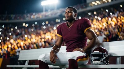 a football player sitting on a bench in front of a crowd