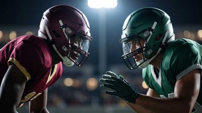 two football players in green and maroon uniforms