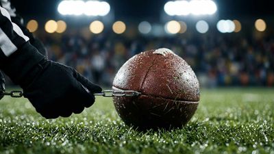 a football being chained to a ball on a field
