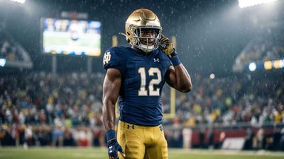 a football player walking on the field in the rain