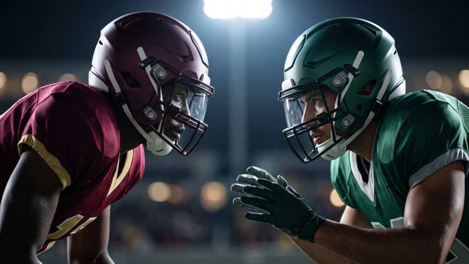 two football players in green and maroon uniforms