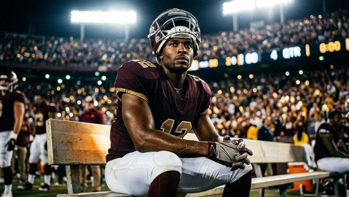 a football player sitting on a bench in a stadium