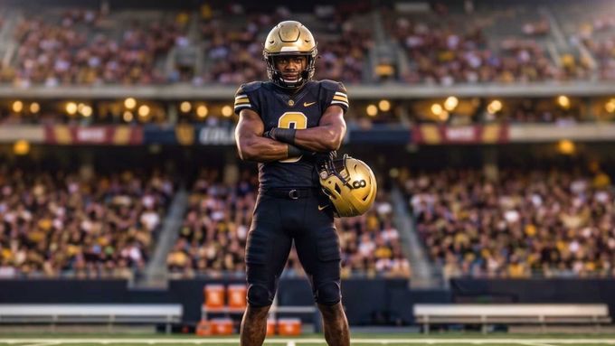 a football player standing on a field with his arms crossed